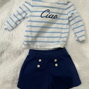 Janie and Jack 6-12m Girl Striped Blue and White 'Ciao' Top with Navy Shorts